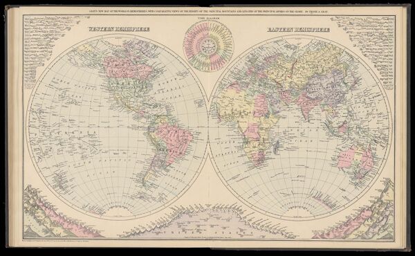 Gray's New Map of the World in Hemispheres, with comparative views of the heights of the principal mountains and lengths of the principal rivers on the globe. By Frank A. Gray.