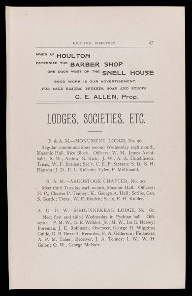 The Houlton Directory. Lodges, Societies, etc.