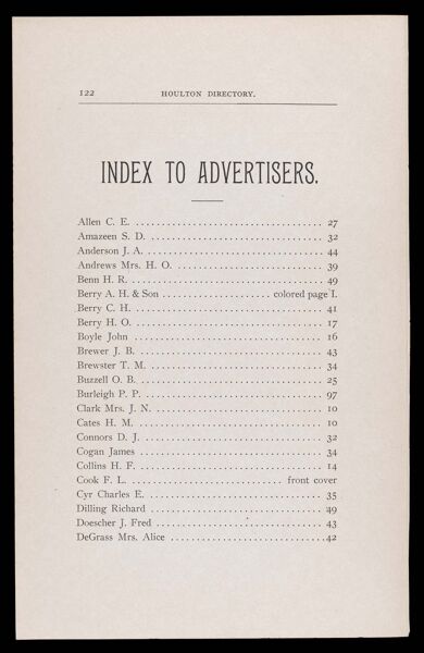 The Houlton Directory. Index to Advertisers