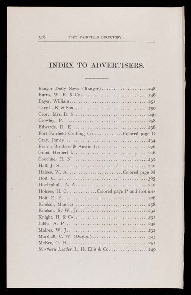 Fort Fairfield Directory. Index to Advertisers.