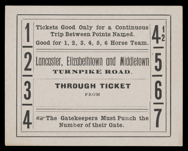 Lancaster, Elizabethtown and Middletown Turnpike Road Through Ticket