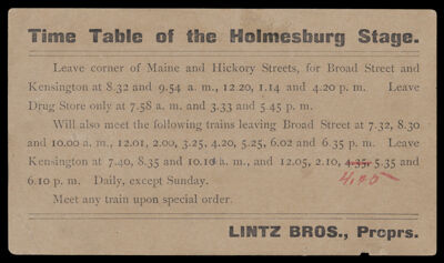 Time Table of the Holmesburg Stage, Lintz Bros., Proprs.