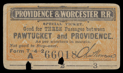 Providence & Worcester R.R. Special Ticket Good for Three Passages between Pawtucket and Providence