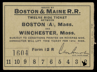Boston & Maine R. R. Twelve Ride Ticket between Boston (A), Mass. and Winchester, Mass.