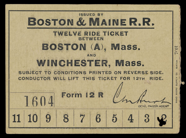 Boston & Maine R. R. Twelve Ride Ticket between Boston (A), Mass. and Winchester, Mass.