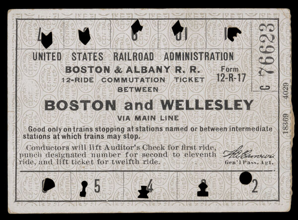 United States Railroad Administration Boston & Albany Railroad 12-Ride Commutation Ticket between Boston and Wellesley