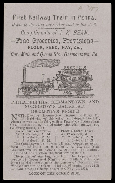 First Railway Train in Penna, Drawn by the First Locomotive built in the U.S. Philadelphia, Germantown and Norristown Railroad