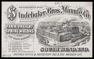 Studebaker Bros. Manuf'g Co. Manufacturers of Farm, Freight and Spring Wagons also Light Buggies and Carriages