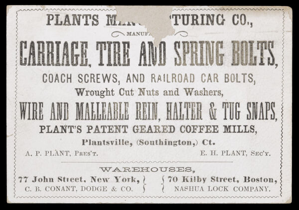 Plants Manufacturing Co., Manufacturer of Carriage, Tire and Spring Bolts, Coach Screws, and Railroad Car Bolts...
