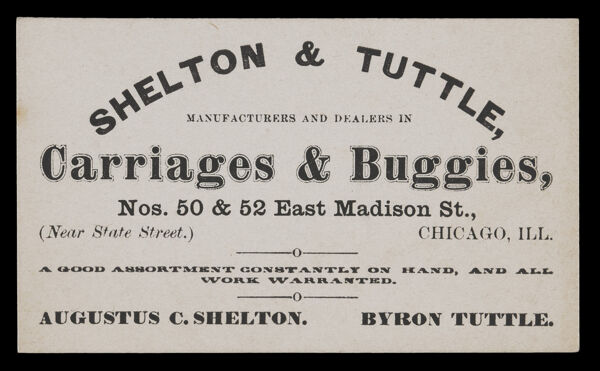 Shelton & Tuttle, Manufacturers and Dealers in Carriages & Buggies