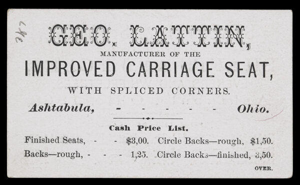 Geo. Lattin, Manufacturer of the Improved Carriage Seat with spliced corners