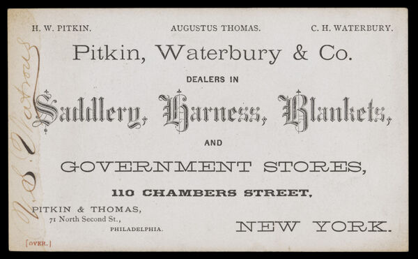 Pikin, Waterbury & Co. Dealers in Saddlery, Harness, Blankets, and Government Stores