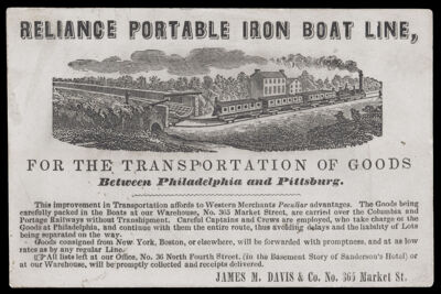Reliance Portable Iron Boat Line, For the Transportation of Goods Between Philadelphia and Pittsburg