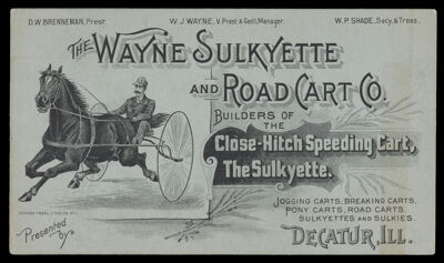The Wayne Sulkyette and Road Cart Co. Builders of the Close-Hitch Speeding Cart, The Sulkyette.