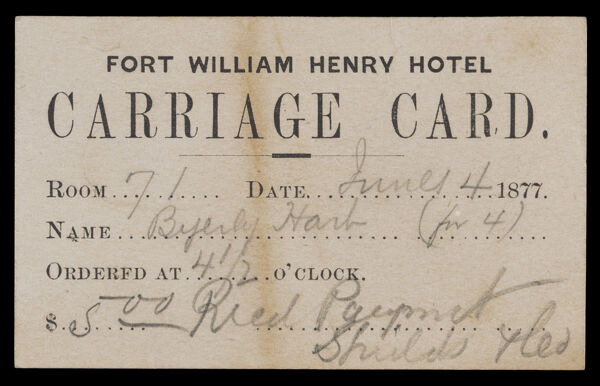 Fort William Henry Hotel Carriage Card.