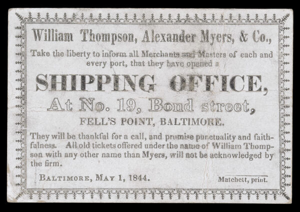 William Thompson, Alexander Myers, & Co., . . . . Shipping Office