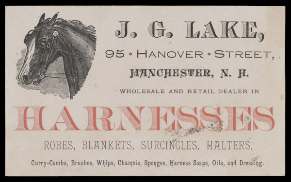 J. G. Lake . . . Wholesale and Retail Dealer in Harnesses, Robes, Blankets, Surcingles, Halters, Curry-Combs, Brushes, Whips, Chamois, Sponges, Harness Soaps, Oils, and Dressing.