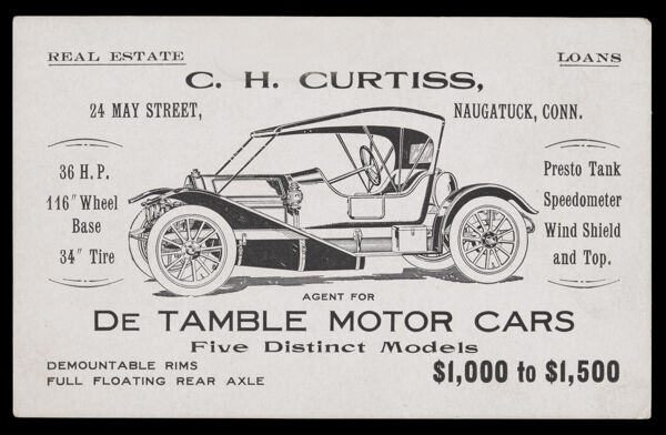 C. H. Curtiss, Agent for De Tamble Motor Cars