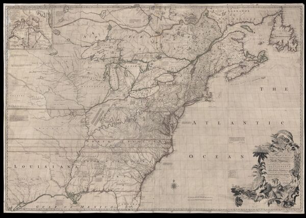 A Map of the British and French Dominions in North America. WITH THE Roads, Distances, Limits, and Extent of the SETTLEMENTS, Humbly Inscribed to the Right Honourable The Earl of Halifax, And the...