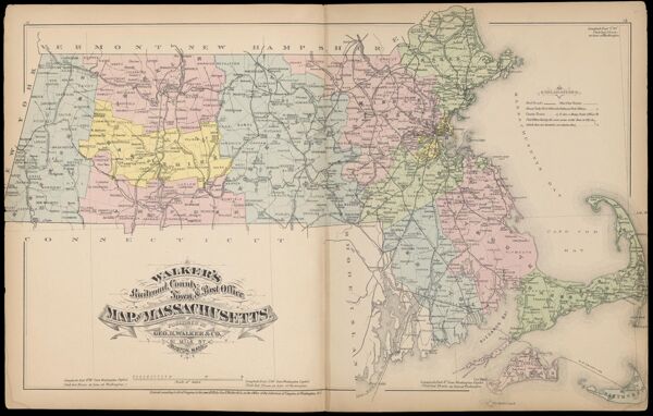 Walker's Railroad, County, Town & Post Office Map of Massachusettes