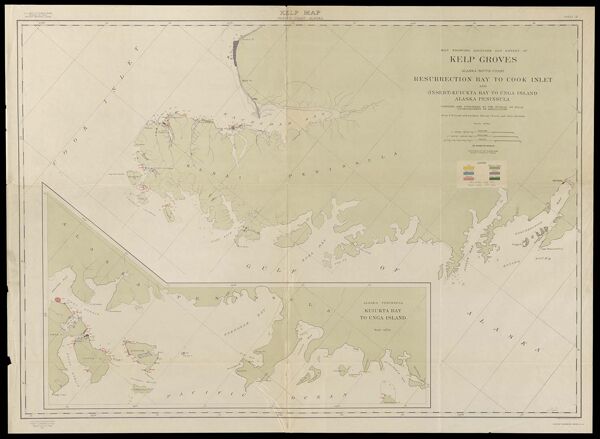 Kelp map, Pacific coast, Alaska. Sheet B. Map showing location and extent of kelp groves, Alaska, south coast, Resurrection Bay to Cook Inlet and, (insert), Kuiukta Bay to Unga Island, Alaska Peninsula