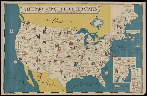 A literary map of the United States designed and published by Scholastic, the American High School Weekly.