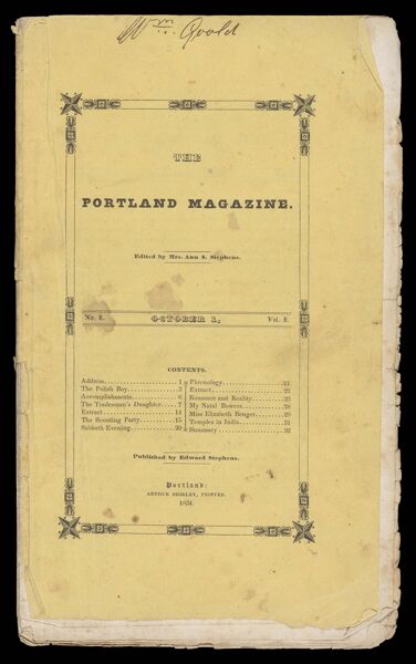 Portland Magazine. Vol. 1, No. 1. October 1, 1834. Pages 1 - 32.