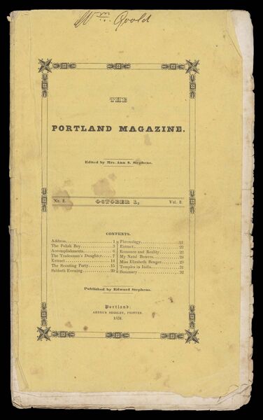 Portland Magazine. Vol. 1, No. 1. October 1, 1834. Pages 1 - 32. [front cover]
