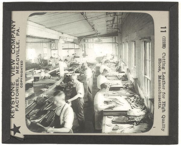 Cutting Leather for High Quality Shoes, Massachusetts.
