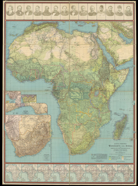 Justus Perthes' Wandkarte von Afrika zur Darstellung der Bodenbedeckung mit 8 Kärtchen zur Entdeckungsgeschichte und 14 Bildnissen berühmter Afrikaforscher bearbeitet von Paul Langhans.