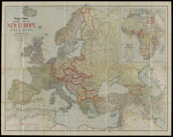 The Literary Digest Liberty Map of New Europe revealing the great changes brought about by the World War, 1914-1919, with complete index