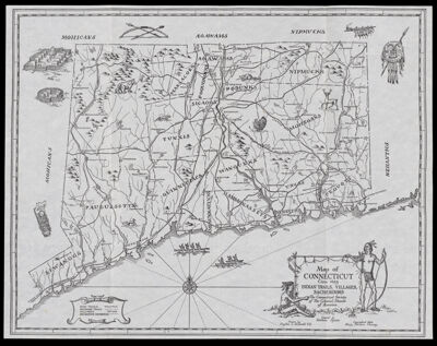 Map of Connecticut, circa 1625, Indian trails, villages, sachemdoms