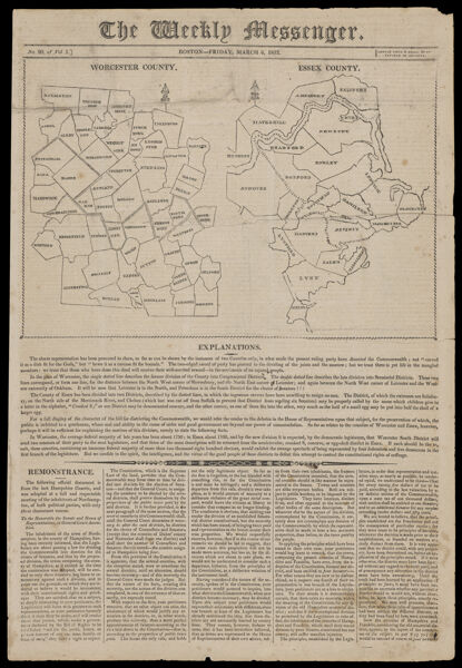 The Weekly Messenger with maps of Worcester and Essex counties relating to the 1812 redistricting of Massachusetts.