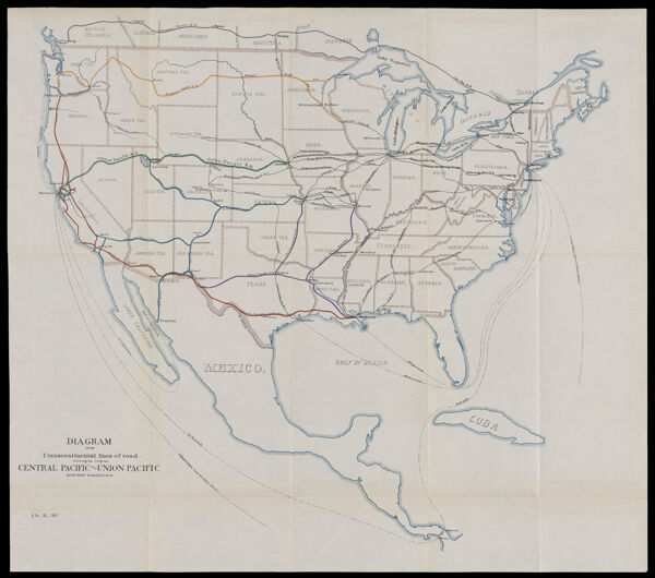 Diagram of the transcontinental lines of road, showing the original Central Pacific and Union Pacific and their competitors.