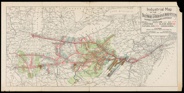 Industrial map of the Baltimore & Ohio Railroad System : showing approximate location of coal, iron ore, oil, limestone, glass sand, natural gas, coking area