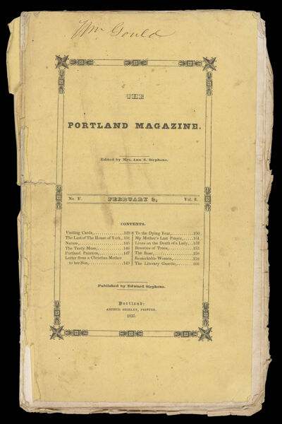 Portland Magazine. Vol. 1, No. 5. February 2, 1835. Pages 129 - 160. [Front cover]