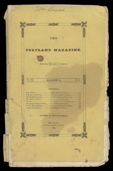 Portland Magazine. Vol. 1, No. 6. March 1, 1835. Pages 161 - 192. [Front cover]