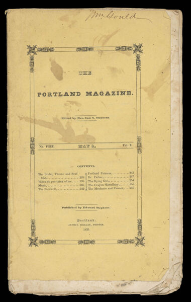 Portland Magazine. Vol. 1, No. 8. May 1, 1835. Pages 225 - 256. [Front cover]