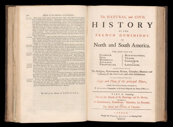 The Natural and Civil history of the French Dominions in North and South America. Giving a particular account of the climate, soil, minerals, animals, vegetables, manufactures, trade, commerce and languages, together with the religion, government, genius, character, manners and customs of the Indians and other inhabitants. Illustrated by maps and plans of the principal places, collected from the best authorities, and engraved by T. Jefferys, geographer to His Royal Highness the Prince of Wales. Part II [Title page]