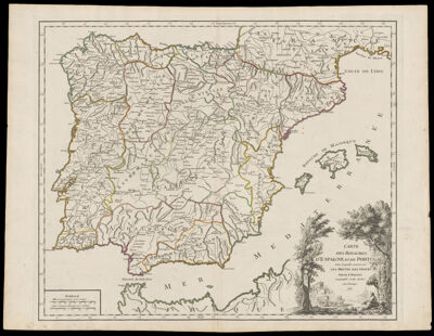 Carte des Royaumes d'Espagne et de Portugal dans laquelle sont traces Les Routes des Postes par le Sr. Robert, Geographe ordin. du Roi. Avec Privilege. 1757