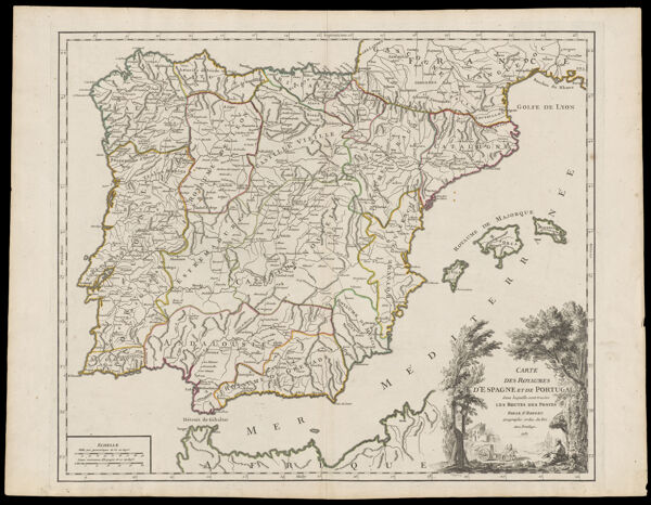 Carte des Royaumes d'Espagne et de Portugal dans laquelle sont traces Les Routes des Postes par le Sr. Robert, Geographe ordin. du Roi. Avec Privilege. 1757