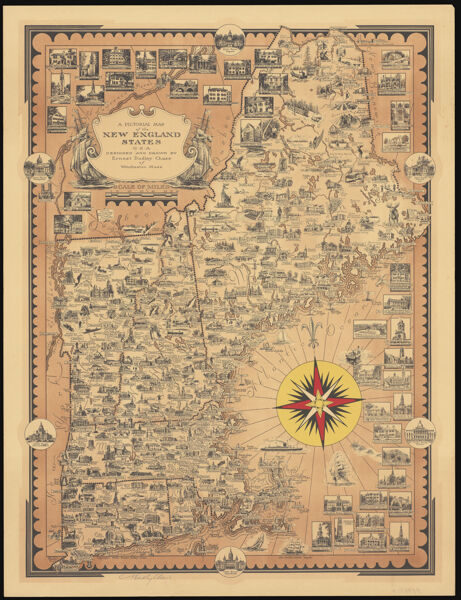 A Pictorial Map of the New England States U.S.A. designed and drawn by Ernest Dudley Chase.