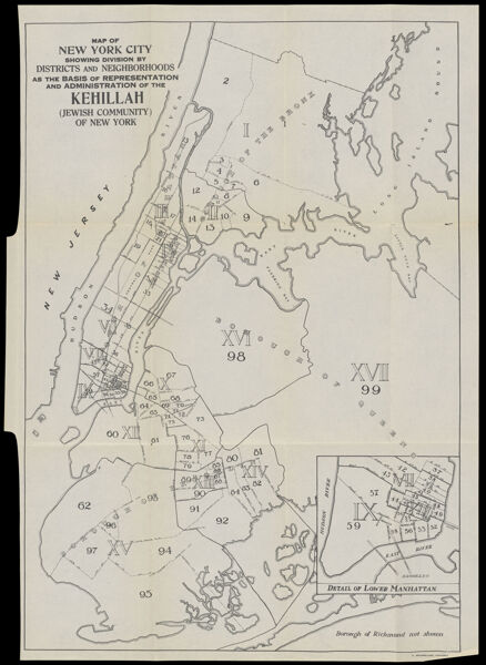 Map of New York City showing density of Jewish population by districts and neighbrohoods of the Kehillah (Jewish Community) of New York