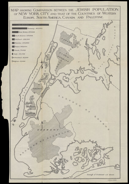 Map showing comparison between the Jewish population of New York City and that of the countries of Western Europe , South America, Canada and Palestine