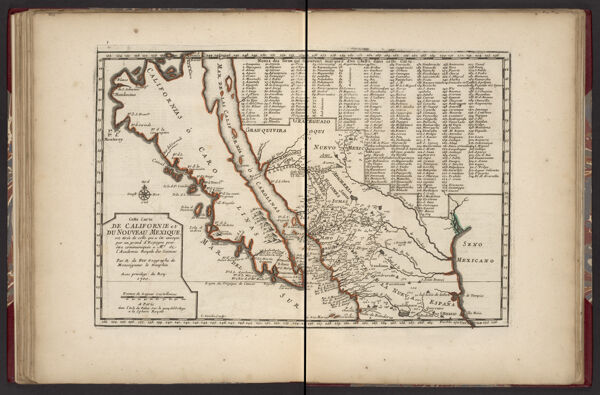 Cette Carte de Californie et du Nouveau Mexique, est tiree de celle qui a ete envoyee par un grand d'Espagne pour etre communiquee a Mrs. de l Academie Royal des Sciences Par N. de Fer, Geographe de Mons.eigneur le Dauphin Avec privilege du Roy. 1700.