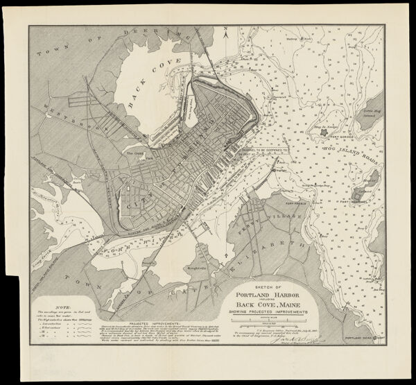 Sketch of Portland Harbor including Back Cove, Maine showing projected improvements