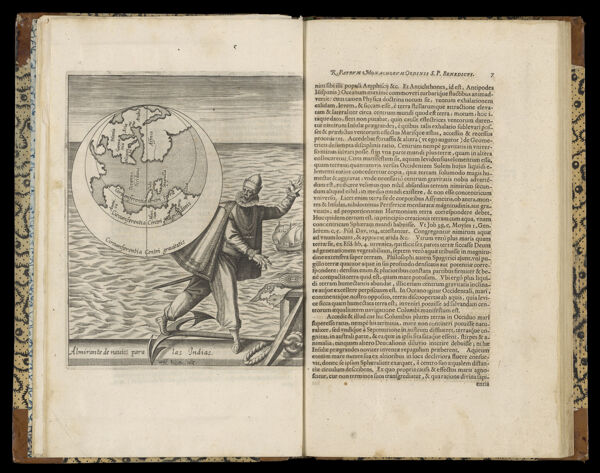[Illustration of Columbus and map of the new world titled: 'Almirante de navios para las Indias.']