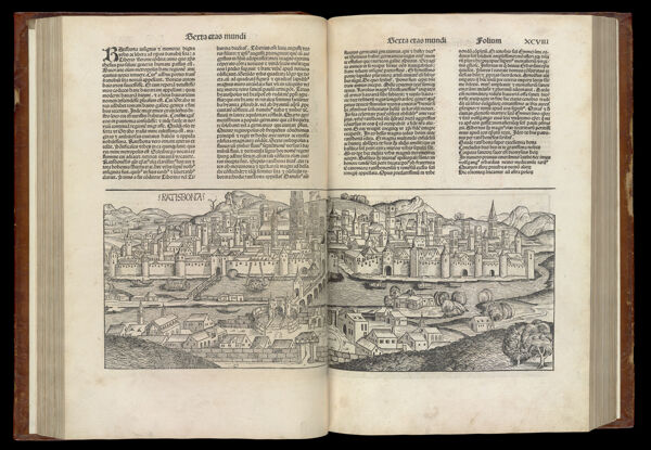 [The Fifth Age of the World - Folio XCVII verso and XCVIII recto] Ratisbona [Regensburg]