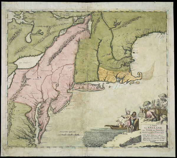A Map of New England New York New Jersey Maryland & Virginia sould by Robert Morden at ye Atlas in Corn-Hill neer ye Royal Exchange and by William Berry at ye Globe between York House & New Exchange in ye Strande London
