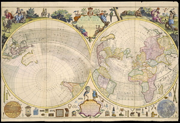 A New and Correct Map of the World Projected upon the Plane of the Horizon laid down from the Newest Discoveries and most Exact Observations By C. Price | Sold by G Willdey at the Great Toy Shop next the Dog Tavern in Ludgate where may be had several other Maps of this Size 1714. | To his Grace Charles Duke of Shrewsbury Lord Chamberlain of the Houshold, and one of the Lords of Her Majtis: most Honble: Privy council Knight of the Garter, &c. This Map is most humbly Dedicated & presented By his Graces Most humble & most Obedient Servt. C. Price